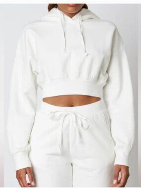 NIA Bella Cropped Hoodie White Small | Drawstring Crop Sweatshirt Womens New